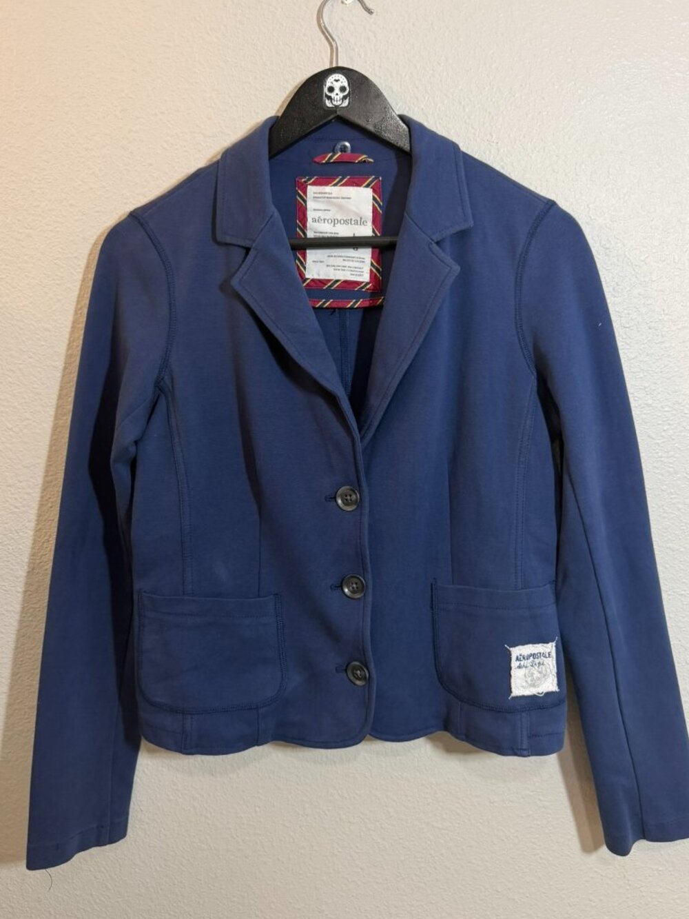 Vintage 2000s Aéropostale Knit Blazer Navy Blue Patch Detail Size L